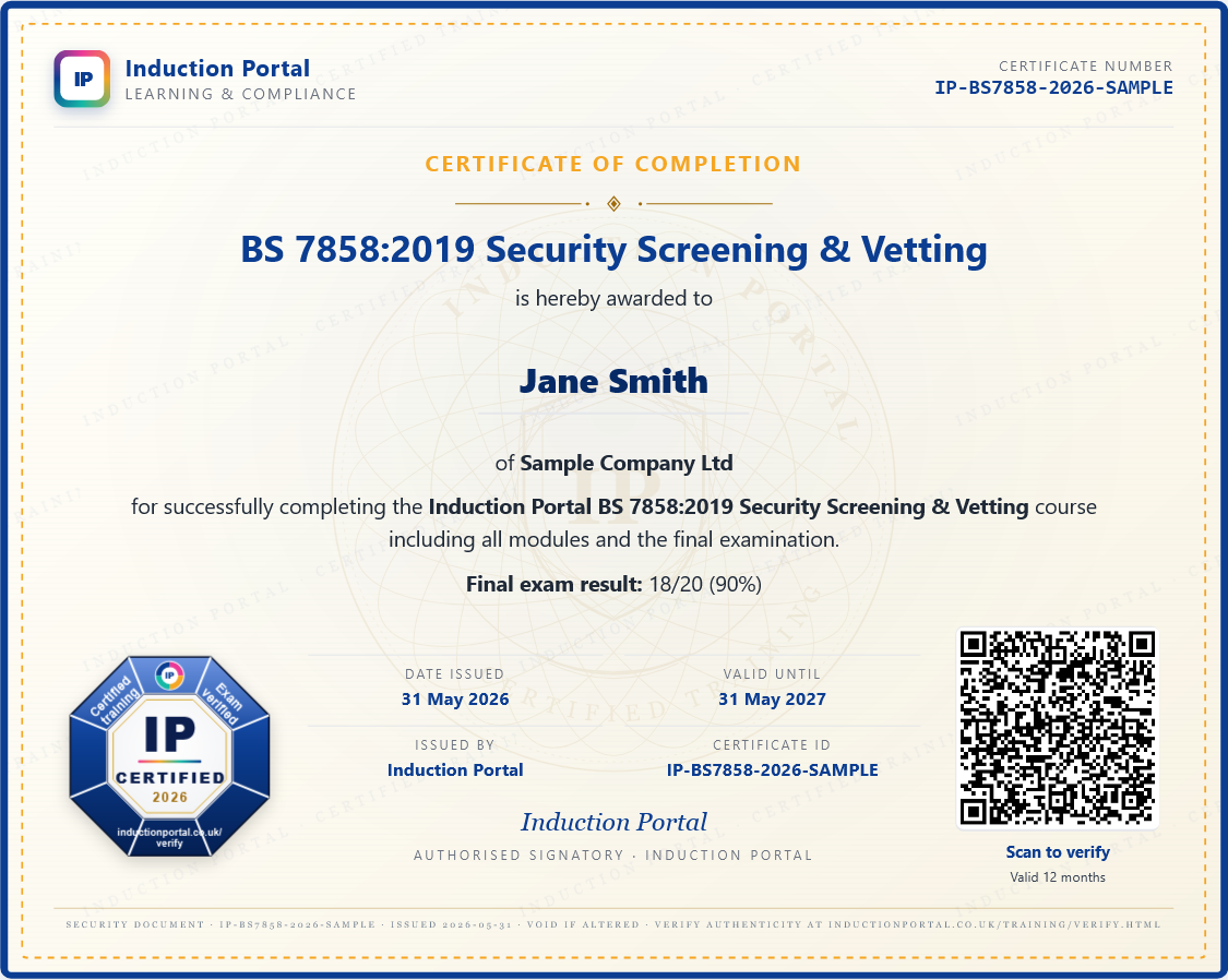 Sample Induction Portal course certificate: BS 7858:2019 Security Screening and Vetting, with QR verification
