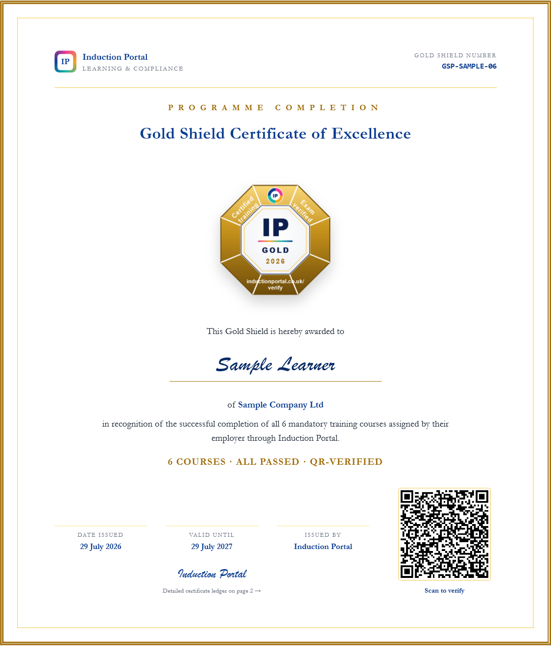 Sample Gold Shield Certificate of Excellence awarded for completing all employer-assigned mandatory training