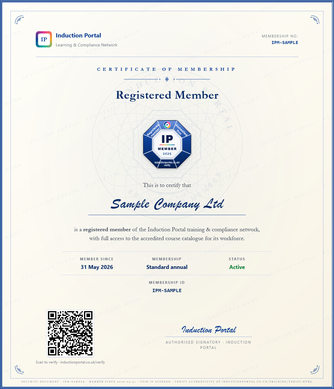 Sample Induction Portal company membership certificate with Registered Member logo