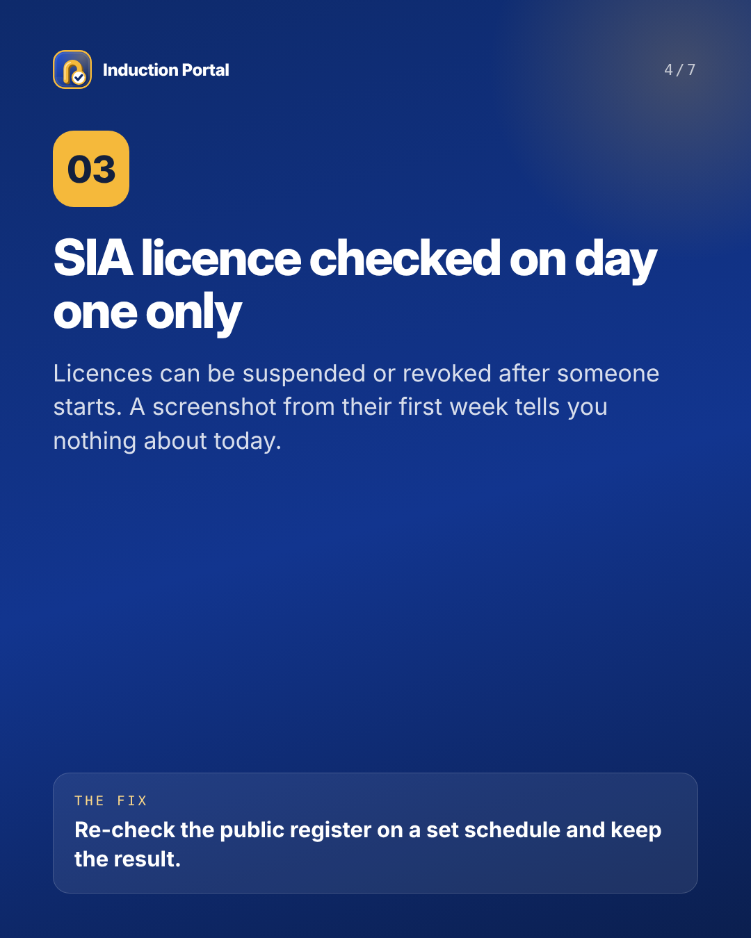 Gap 3: SIA licence checked on day one only